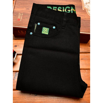 2025Autumn Fashion Simple Black Jeans for Men Trendy Embroidery Print Design Korean Style Stretch Slim Fit Skinny Pants