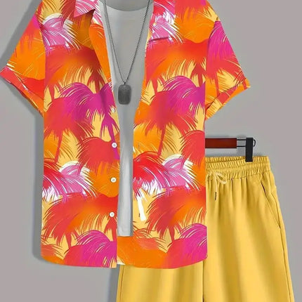 2025 Simple All-in-one Men's Shirt Set Coconut Tree Print 3D Printed Shirt And Shorts Set Summer Casual Vacation Hawaiian Shirt
