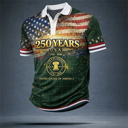2026 New USA 250th Anniversary Celebration Men's Short-Sleeved Polo Shirt 3D Printed American Flag Pattern Vintage Men Polo