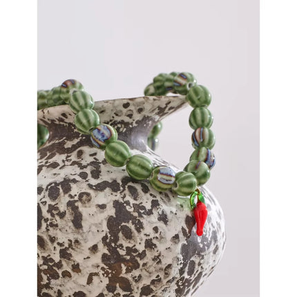 Vacation Fashion Green Ceramic Beads Chain Chilli Drop Handmade Necklace Stylish Unique Tarnish Resistant Trending Jewelry
