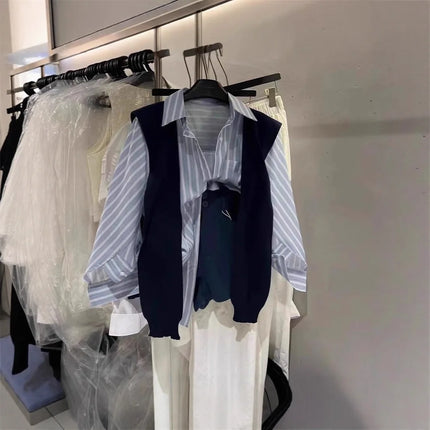 Blue Loose College Style Striped Shirt plus Shawl Two-Piece Set Women Spring Autumn New Versatile High-End Feeling Top
