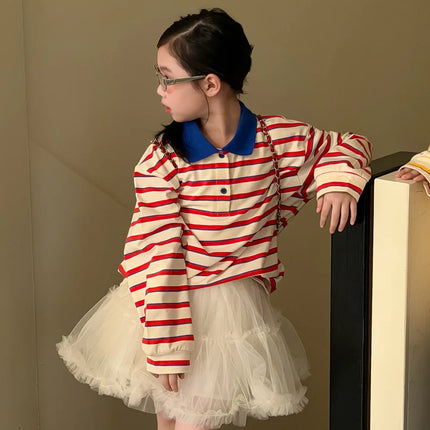 Children Long Sleeved T-shirt 2026 Spring  Autumn New Boy's Polo Shirt Striped Doll Collar Top Tees Girls Casual Clothes