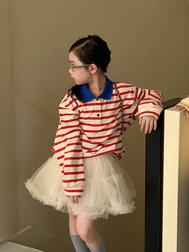Children Long Sleeved T-shirt 2026 Spring  Autumn New Boy's Polo Shirt Striped Doll Collar Top Tees Girls Casual Clothes