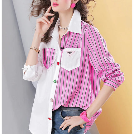 Spring new striped stitching high-end temperament casual women's shirt top for women
