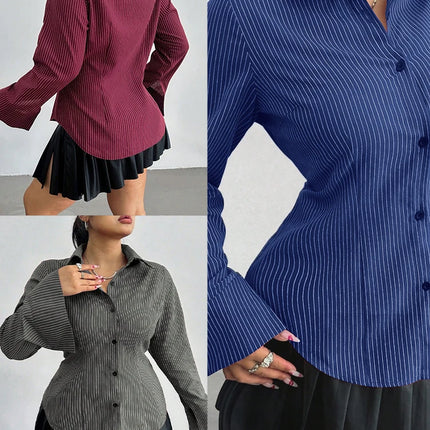 New Plus Size Lapel Print Striped Long-Sleeve Shirt Button Slim-Fit Top Blouse Versatile Elegant Office Fashion Female Clothing