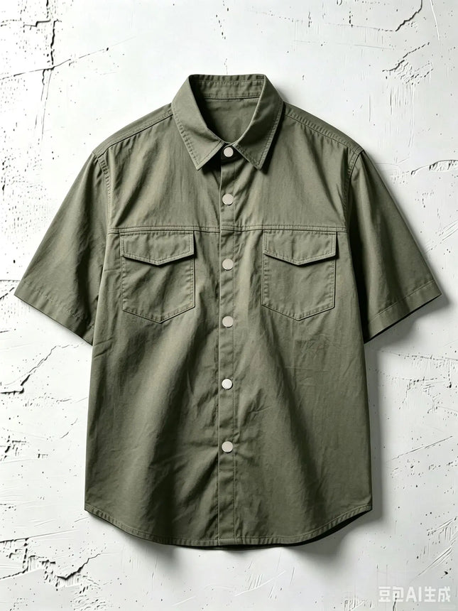 Summer Men's 100% Cotton Short Sleeve Shirt Double Pocket Solid Color Cargo Shirts Casual Vacation Beach Style Lightweight Tops