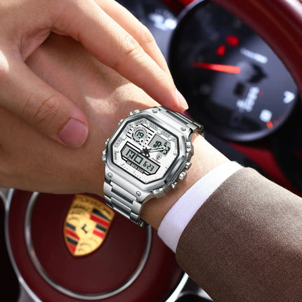 POEDAGAR Functional Men Wristwatch Waterproof Luminous Stainless Steel LED Man Watch Week Date Electronic Men's Quartz Watches