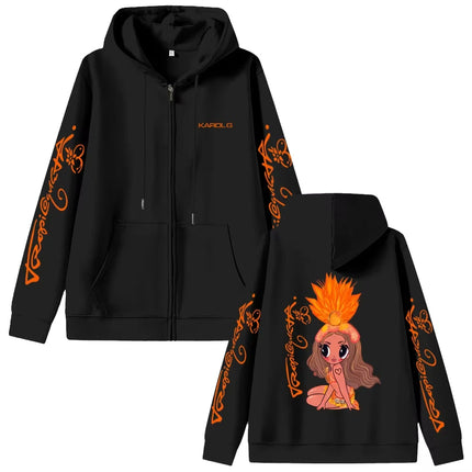 Karol G Tropicoqueta 2025 Zipper Hoodie Men Women Fashion Pop Music Zip Up Jacket Coat Unisex Casual Oversized Zip Up Sweatshirt