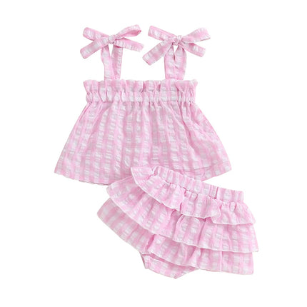 Toddler Girls Outfit Set Girl Clothes Suit Plaid Tie-Up Straps Sleeveless Tank Tops Elastic Waist Shorts Baby Clothing Sets