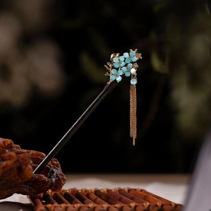 Elegant Chinese Style Wooden Hairpin Imitation Jade Flower Tassel Hair Stick Exquisite Handmade Girls Hair Accessories Hair Clip