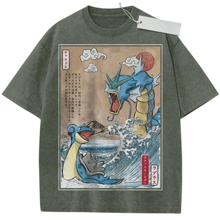 T Shirt Sports T Shirt Short Sleeve T Shirt Multi Color Unisex Pure Cotton Washed Retro Pokemon Gyarados and Lapras Print