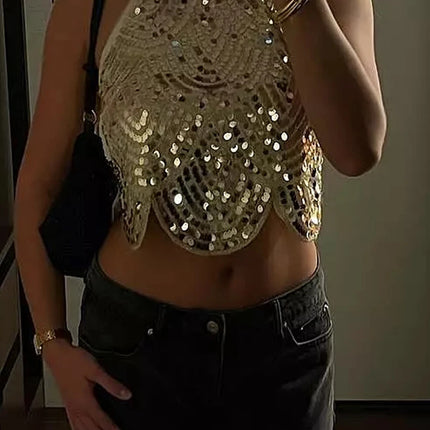 hirigin Women's Halter Sequin Tank Top Backless Tie Up Sexy Sparkly Crop Top Sleeveless Glitter Party Tops Sexy Clubwear