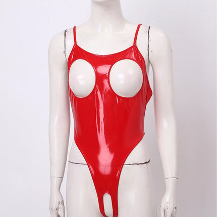 Womens Sexy PU Leather One Piece Lingerie Bodysuit Wet Look Hollow Out Open Cup Crotchless High Cut Leotard Catsuit Nightwear