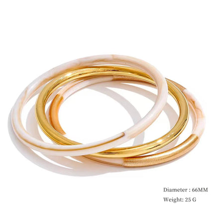 Yhpup 1Set 66mm 3 Round Circle Resin Overlay Minimalist Bracelet Bangle Set 18K Gold Plated Stainless Steel Wrist Trend Jewelry