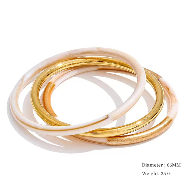 Yhpup 1Set 66mm 3 Round Circle Resin Overlay Minimalist Bracelet Bangle Set 18K Gold Plated Stainless Steel Wrist Trend Jewelry