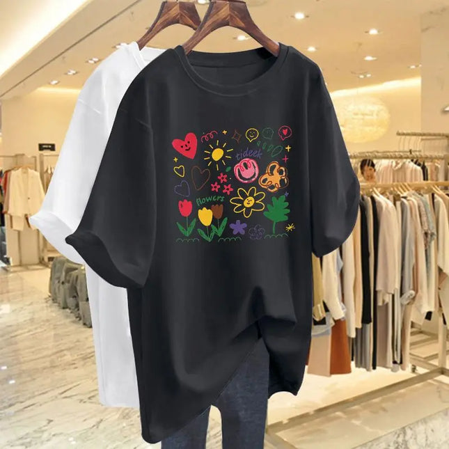 Women Clothing Chic Hand-painted Printing Basic T-shirt Summer Fashion Pure Cotton Round Neck Short Sleeve Tees Casual Loose Top
