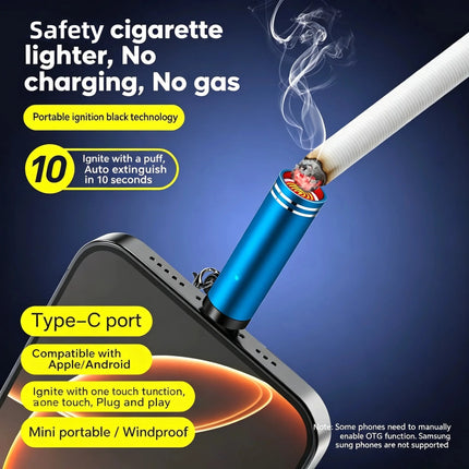 Mini Type C Mobile Phone Cigarette Lighter Air Blowing Smoking Cigarette Lighter Outdoor Safety USB C Lighter Adapter
