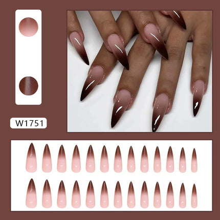 Dark Brown Flowers 24 Pcs Press-on Nails Pink Nail Polish Glossy Artificial Finger Manicure Reusable False Nails