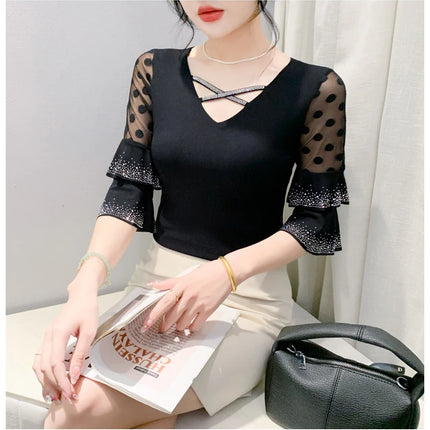 2025 Spring Summer Mesh Tops Korean Fashion Diamond T Shirt Slim 3/4 Sleeve Hollow Out Casual Women Shirt