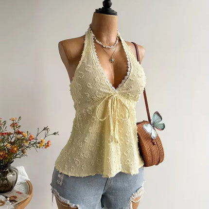 Women's Summer V-neck Lace Up Exposed Neck and Backless Casual Vacation Top - Boho Easter Beach Clothing Hawaii Coachella Music Festival