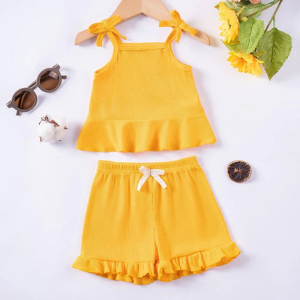 Summer 2024 New Baby Girl Solid Color 2pcs Bow Halter Ruffle Top + Shorts Fashion Comfortable Breathable Cute
