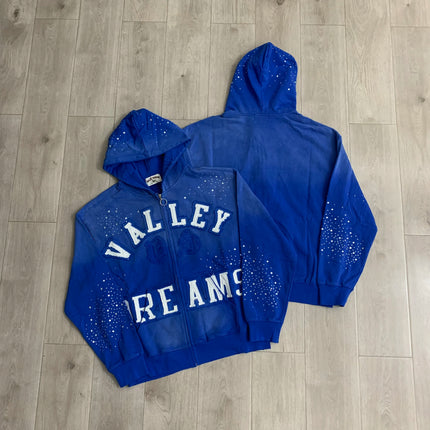 Streetwear Shinning Diamond Zipper Terry Hooded Hoodie for Men Oversized Graffiti Flame Cardigan Rhinestone Sweatshirt Jacket