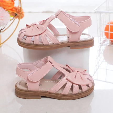 Cute Girls Sandals Bow Peep-toe 2025 New Soft Hook & Loop Beige Kids Princess Shoes Casual Sandals Cute Children Shoes Non-slip