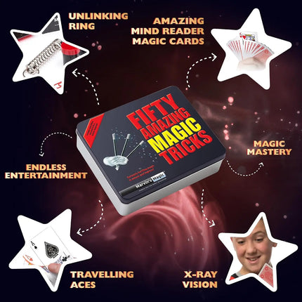 50 Amazing Magic Tricks for Kids - Gift Set Tin with Card & Coin Tricks, Mind Reading, Levitation - Ages 8+ - Easy to Learn