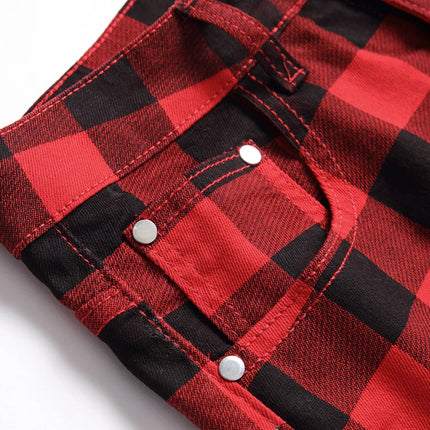 Men's Red Jeans with Checkered Print Details, Made From Stretch Denim Pants, Stylish Slim-fit Design Trousers. 28-34 36 38 40 42