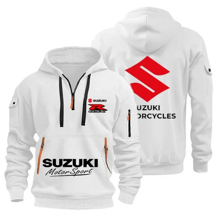 Suzuki Men's Autumn/Winter Hoodie High-Quality Outdoor Motorcycle Sweatshirt with Half-Zip Design And Multiple Pockets
