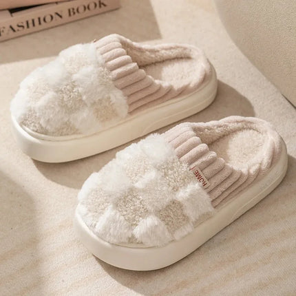 Fashion Couple Winter Toe Wrap Warm Plaid Plush Slippers Men Women Thick Soft Sole Slides Indoor Floor Flat Home Non-slip Shoes