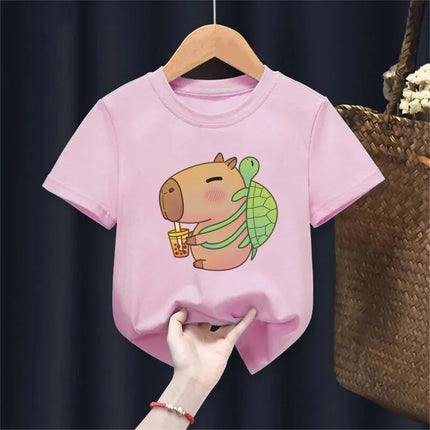 Funny T-Shirt Capybara With Turtle Loves Bubble Milk Tea Printed T-Shirt Girls/Boys Kawaii Kids Clothes Harajuku Shirt Tops