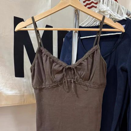 Floral Print Bow V Neck Camis Women Chic Lace Trim Sleeveless Slim Crop Tops Vest Sweet Casual Fashion Raw Hem Tank Top Y2k New