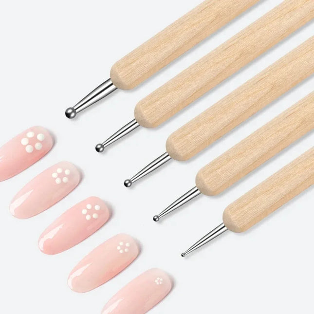 RHJB 10bag/50pcs Point Drill Pen Wooden Pen Bar Stirring Nail Polish Draw Five Petals Flower Polka Dot Double Head Stainless Bar