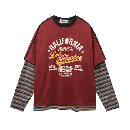 Retro patchwork color blocking casual loose print fake two-piece design sense round neck long sleeved T-shirt for men and women