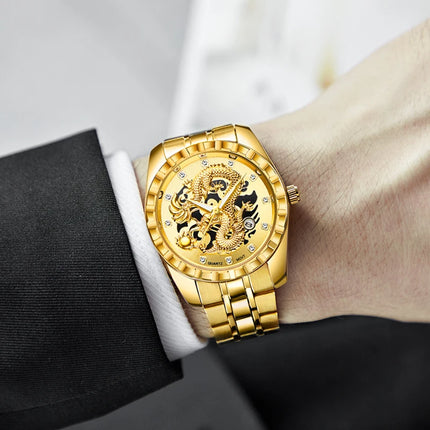 WLISTH Men's Watch 3D Golden Dragon Original Quartz Watch for Men Dragon Dial Waterproof Luminous Date Stainless Steel Watches