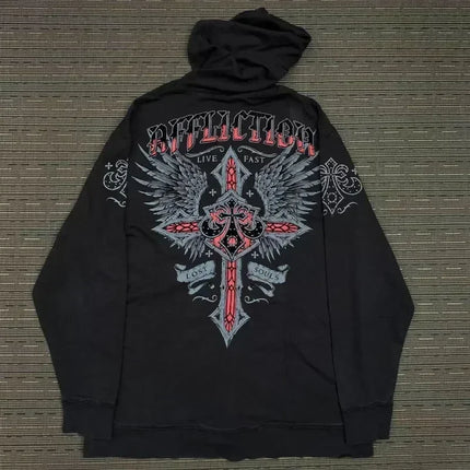 Y2K Harajuku Affliction Hoodie Retro Wing Pattern Printing Oversize Zipper Coat Men Women Hip Hop Personality Casual Sweatshirt