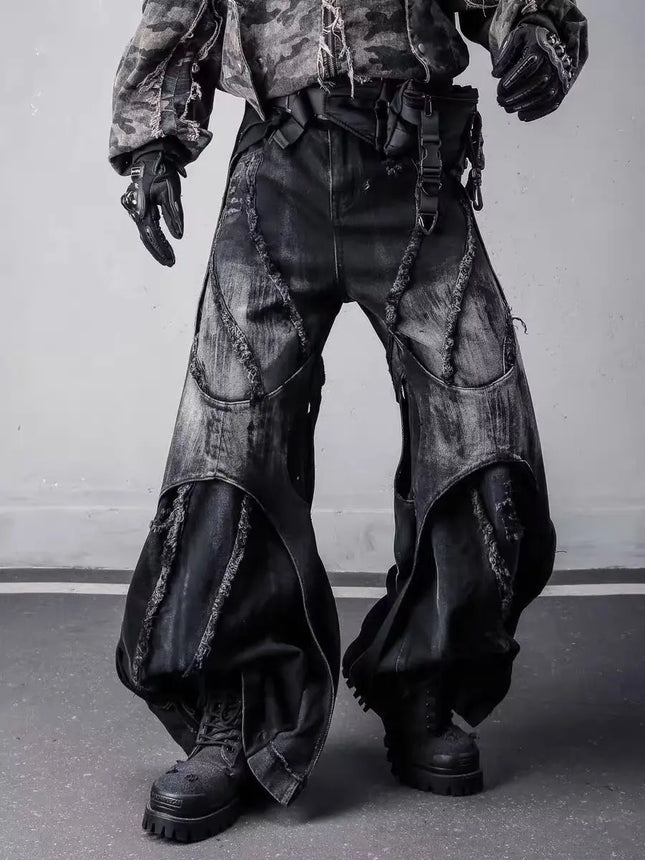 Men's Y2k Baggy Flare Jeans Harajuku Japanese 2000s Style Patchwork Denim Trouser Vintage Oversize Cargo Jeans Pants Clothes