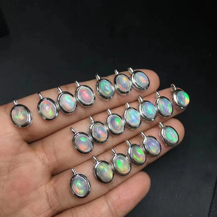 1 Pc Fengbaowu Natural Colorful Opal Pendant Oval Cabochon 925 Sterling Silver Reiki Healing Stone Jewelry Gift For Women