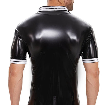 Plus Size Men's Sexy Open Crotch PU Leather Catsuit for Sex, Erotic Shaping Sheath Bodycon Crotchless Glossy Leather Shirt Sexi