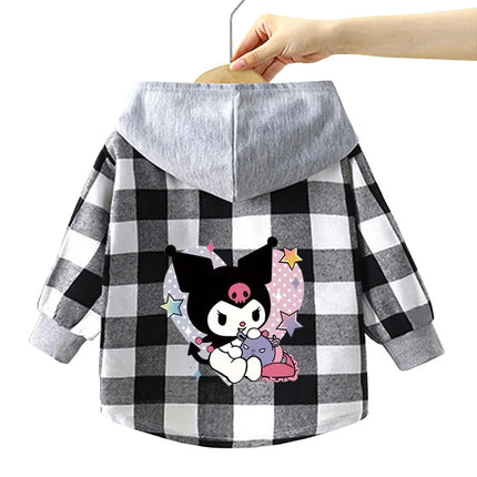 Spring and Autumn Children's Sanrio Cinnamoroll Shirts 1-12 Year Girls Checkered Hooded Blouse Fashion Cartoon Shirt Sweater