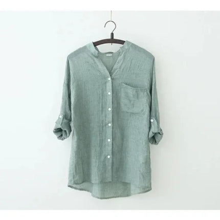 Plus-size Women Long-sleeved Shirt - linen Women's Top, Simple Solid Color Retro Shirt, 2025 Summer Korean-style Clothing