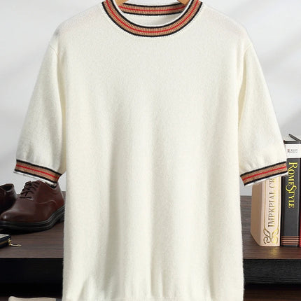 Men's T-shirt 2026 Spring/Summer New 100% Cashmere Round Neck Color Blocking Short Sleeved Knit Pullover Casual Men's Clothing