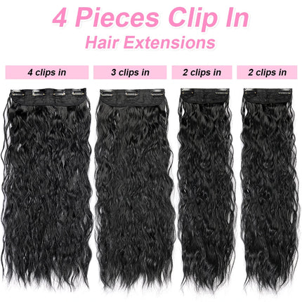 4PCS set Clip in Hair Extensions Natural Black Corn Wavy 20'' Long Curly Thick Synthetic Hairpieces for Women Girls Daily Party