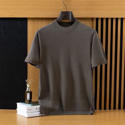 2026 Spring/Summer New Men's Short Sleeved 100% Wool T-Shirt Sweater O-neck Solid Color Loose Knit Pullover Business Casual Tops
