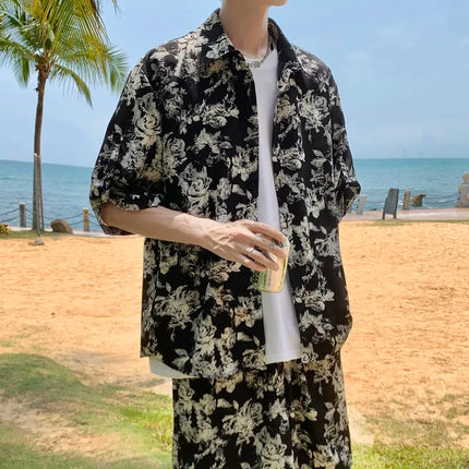 Loose Straight Leg Five-Quarter Beach Pants or Short Sleeve Printed Shirt Beach Travel Men's Fashion Floral Patterned Two-Piece Set
