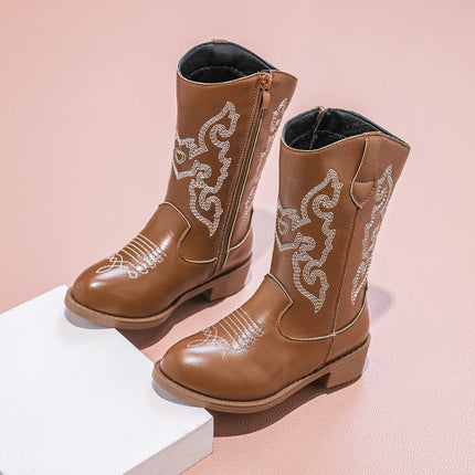 PU Cowboy Ankle Boots for Girls New Autumn Winter Kids Mid-calf Boots Non-slip Side Zip Simple Retro Kids Casual Boots