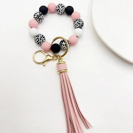 Leopard Print Silicone Bead Keychain With PU Tassel Bag Charm For Adults