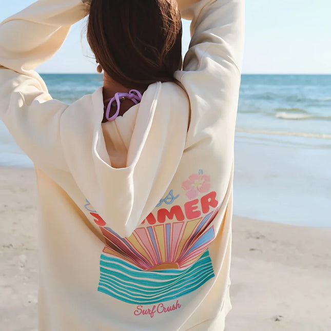 Fall/Winter Style Pink Women's Hooded Sweatshirt With Endless Summer Pattern Print Breathable And Loose Fit Hooded Sweatshirt