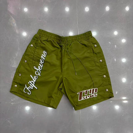 Red Triple Sevens Side Slit Button Placket Shorts Pockets 7S Logo Jorts Men Women Casual Drawstring Waterproof Loose Shortpants